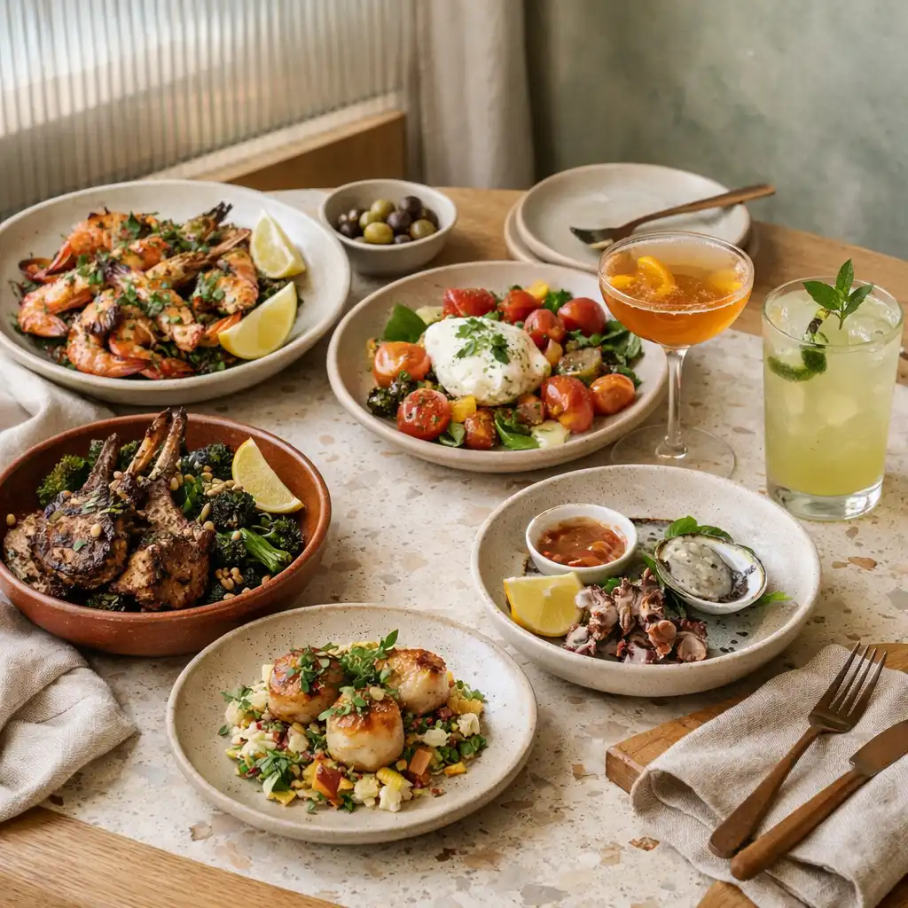 Seasonal shared plates and cocktails on a terrazzo and Tasmanian oak table