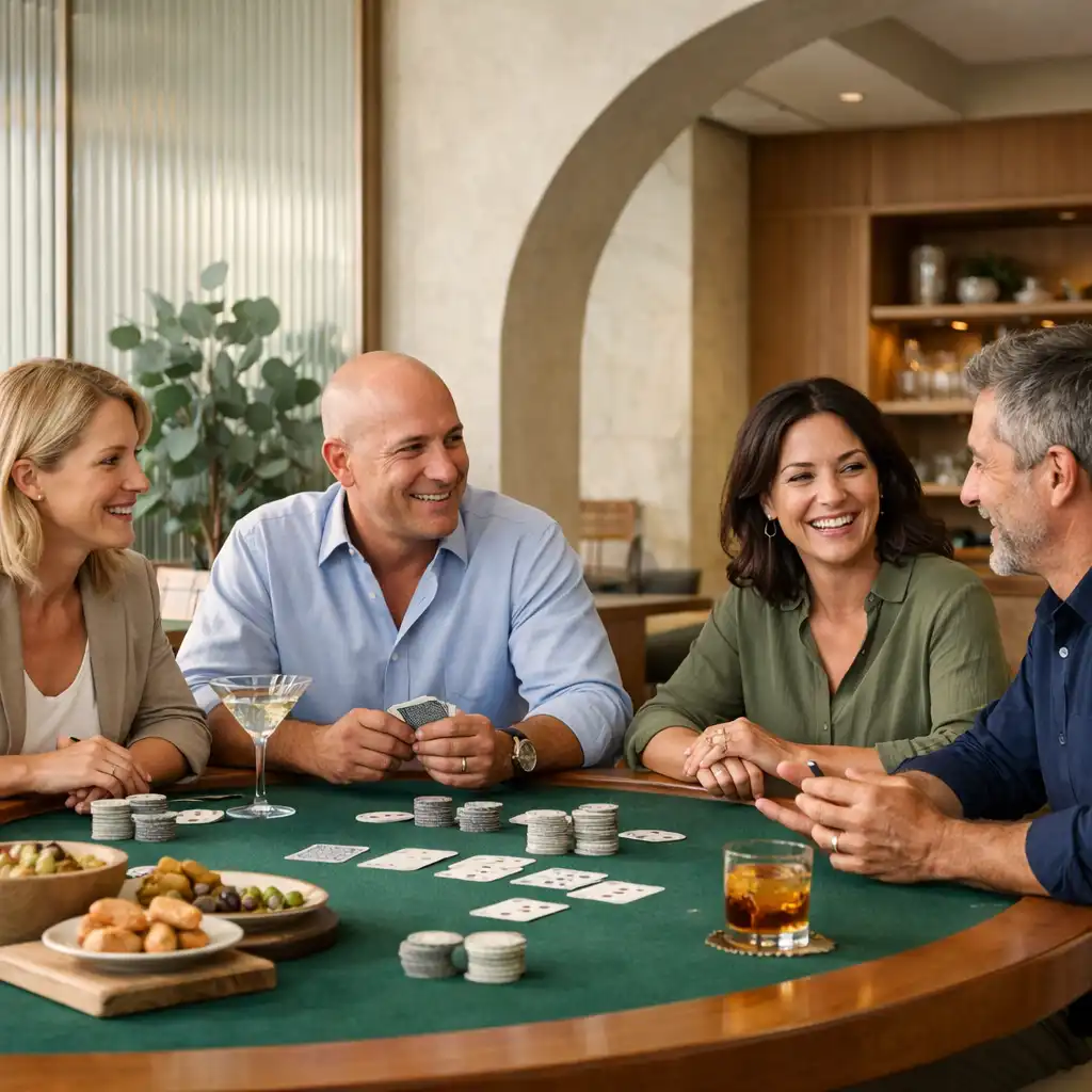 Guests talking around a real poker table with food and drinks in the Card Lounge.