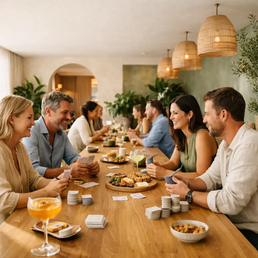 Guests talking around a long timber table with cards, drinks and shared plates in the WillowAndLuck Card Lounge