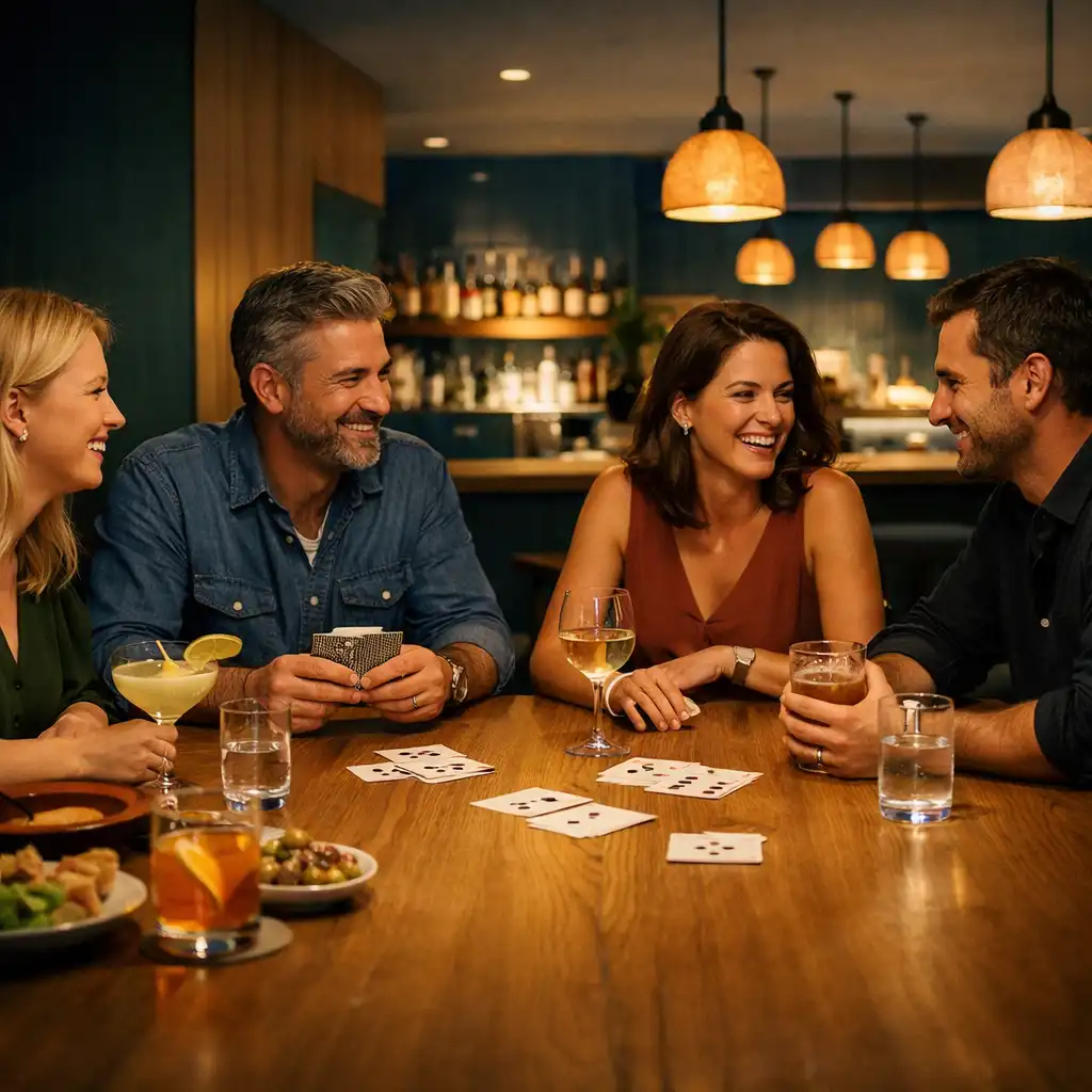 Friends talking over cards, drinks and shared dishes at a long table in the Card Lounge during a warm late evening