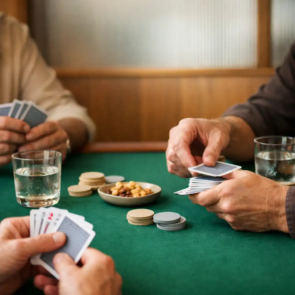 Hands holding and dealing real cards at a green felt physical poker table