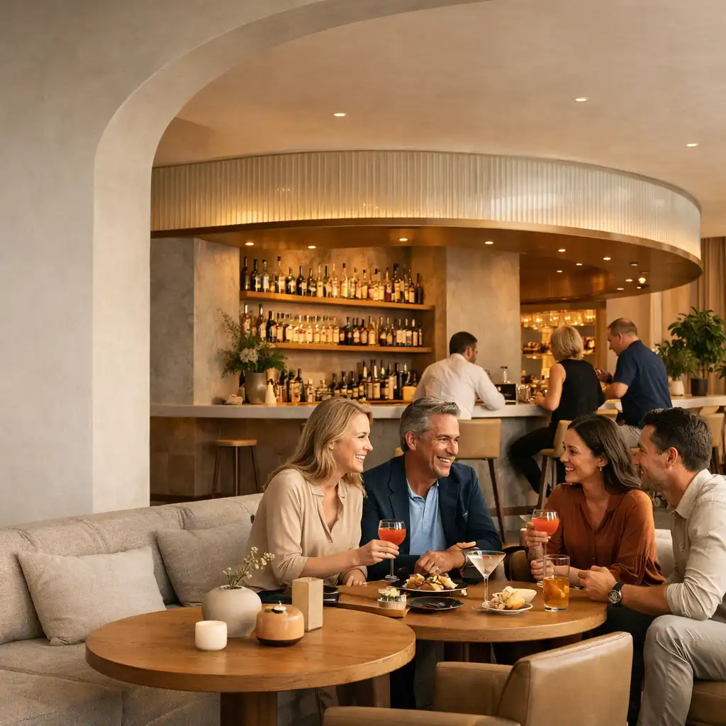Linen lounge seating, oak tables and guests talking over drinks near the WillowAndLuck bar