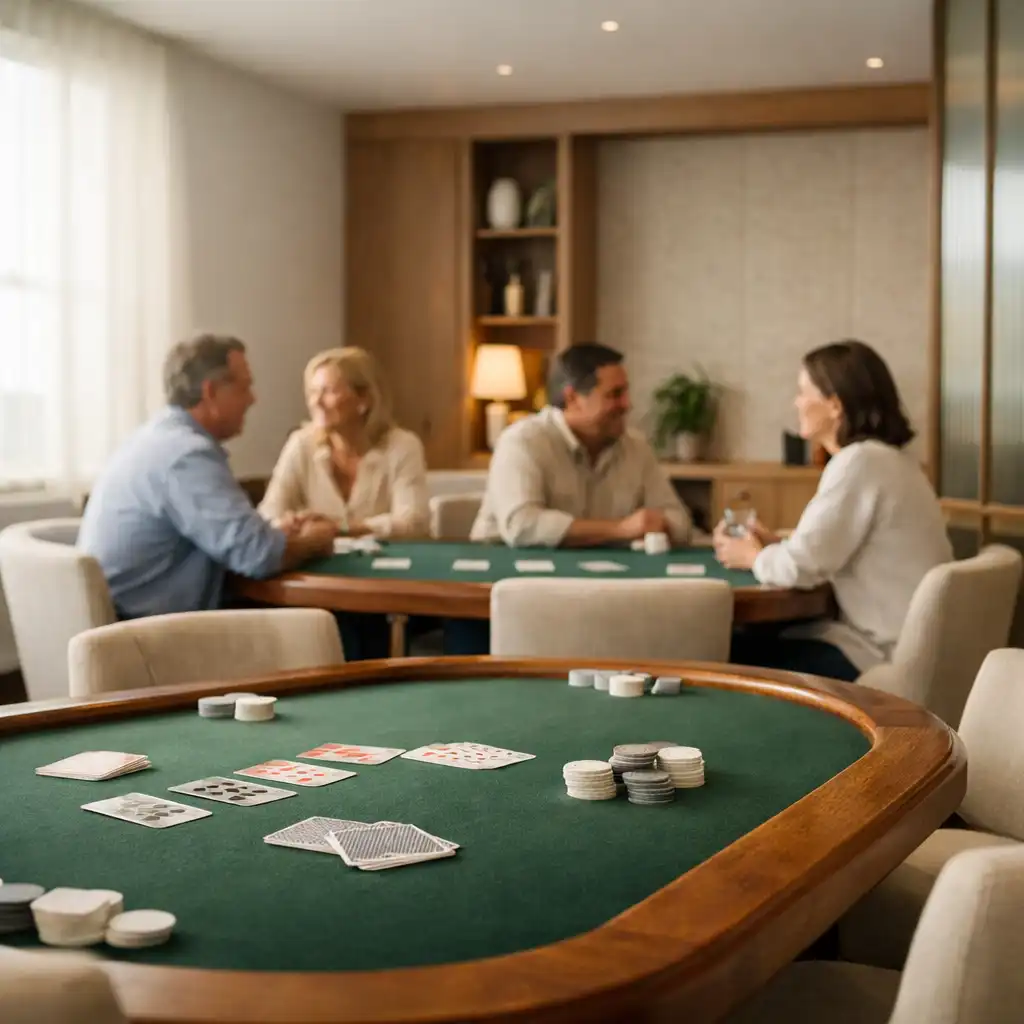 Daylit WillowAndLuck Card Room with timber-edged felt tables and guests in conversation