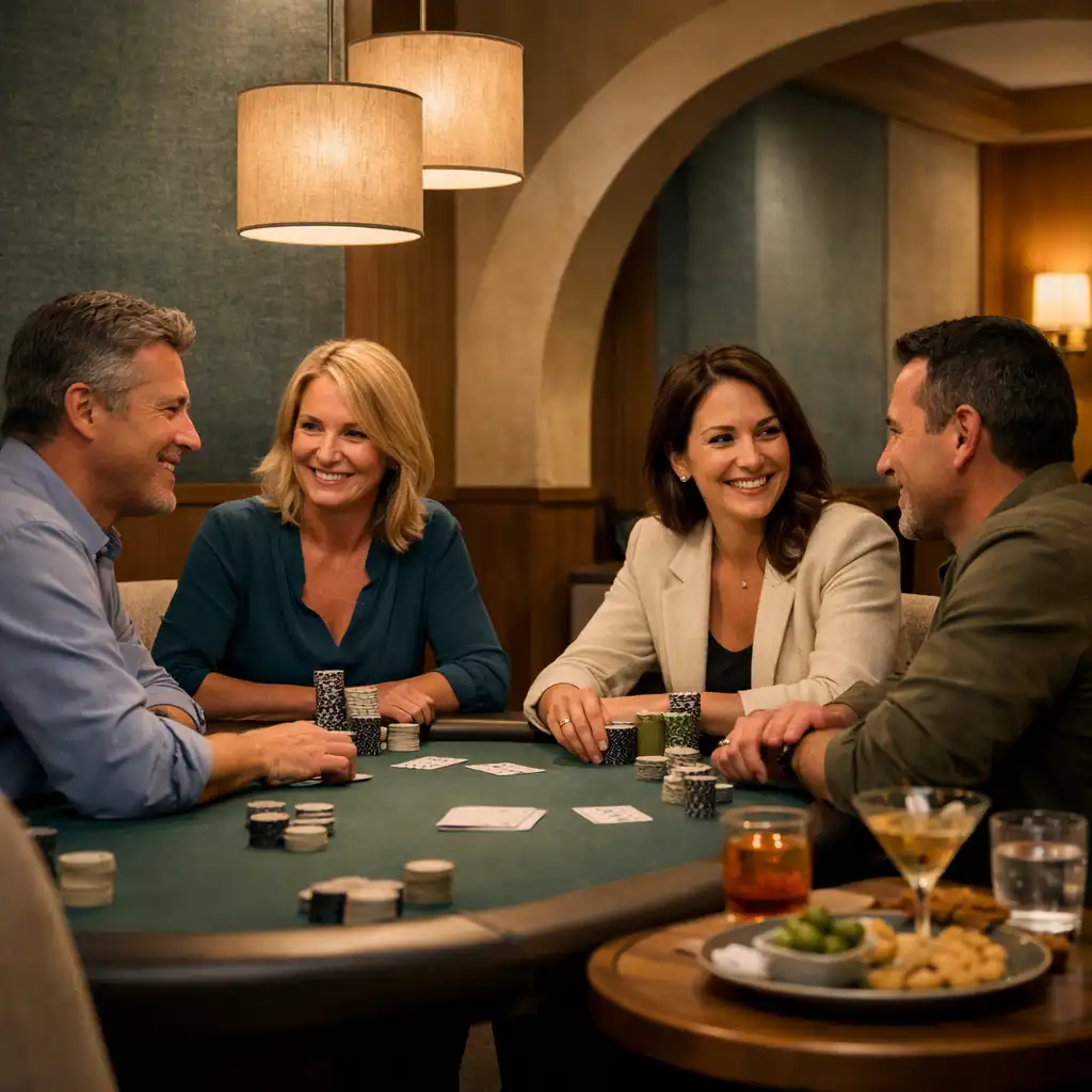 Guests talking across a physical poker table under warm evening lighting in the Card Room