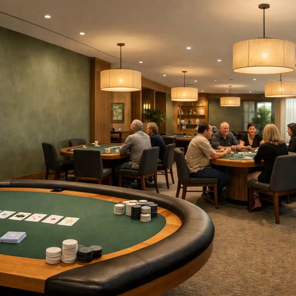Dedicated WillowAndLuck Card Room with physical poker tables, cards and guests in conversation