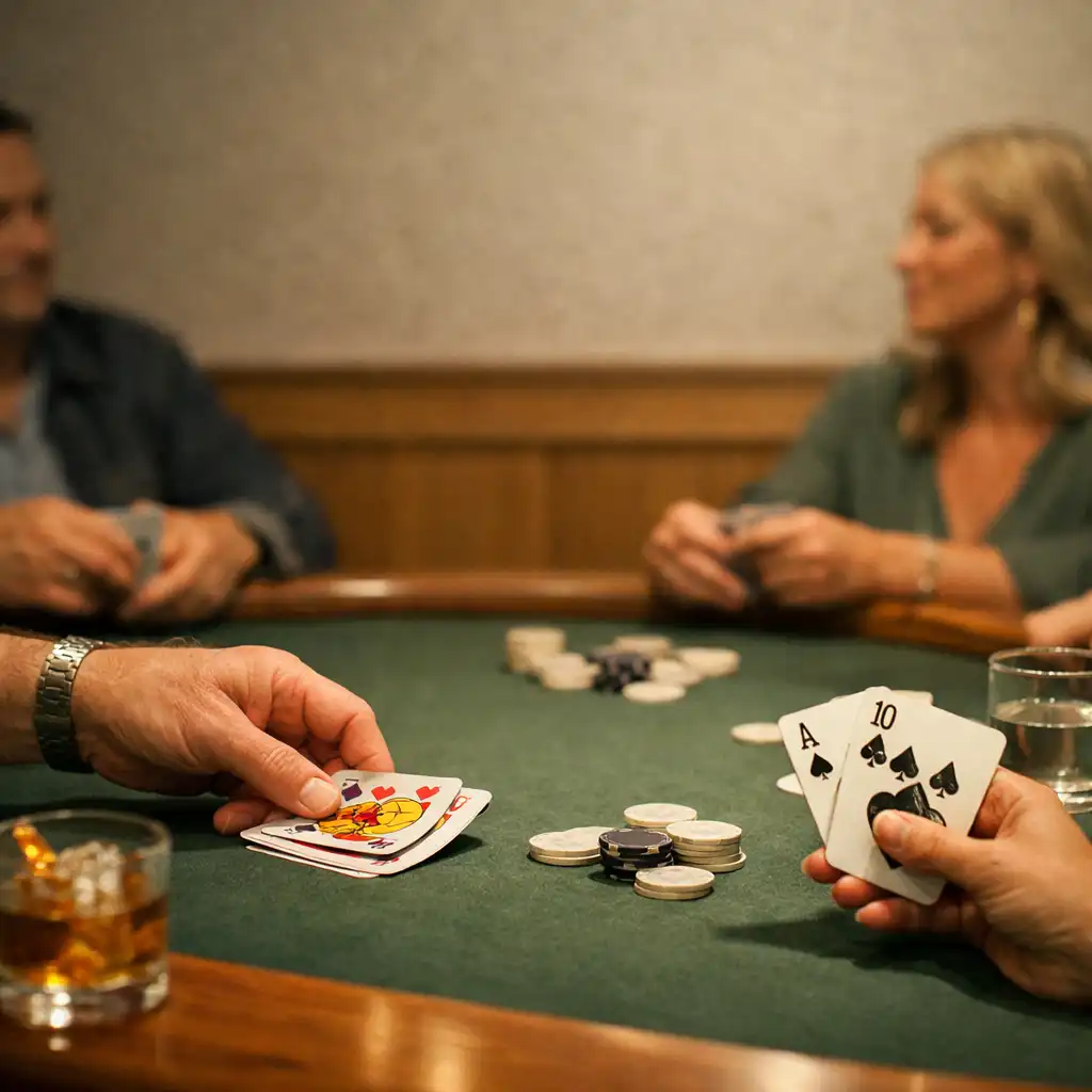 Hands holding real playing cards above green felt with neutral chips and drinks nearby
