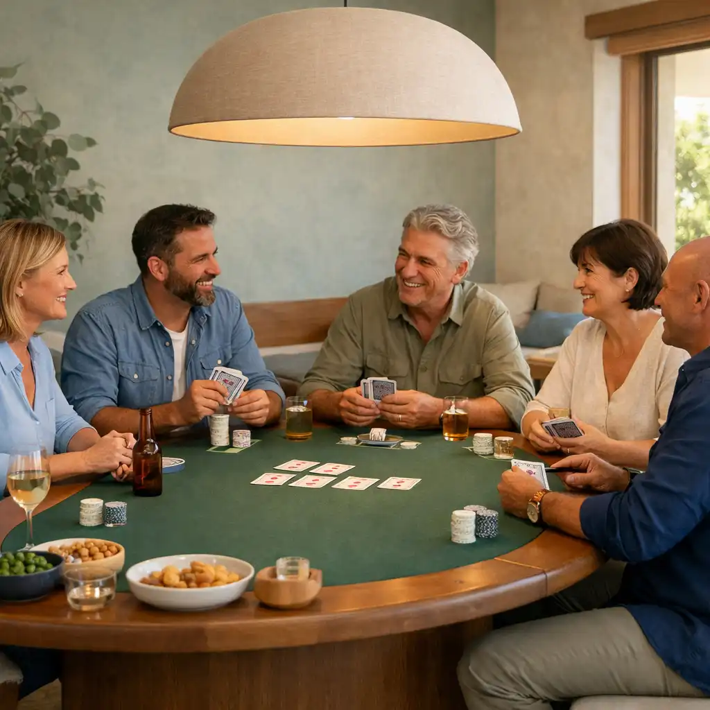 Guests seated face-to-face at an oval poker table beneath warm architectural lighting
