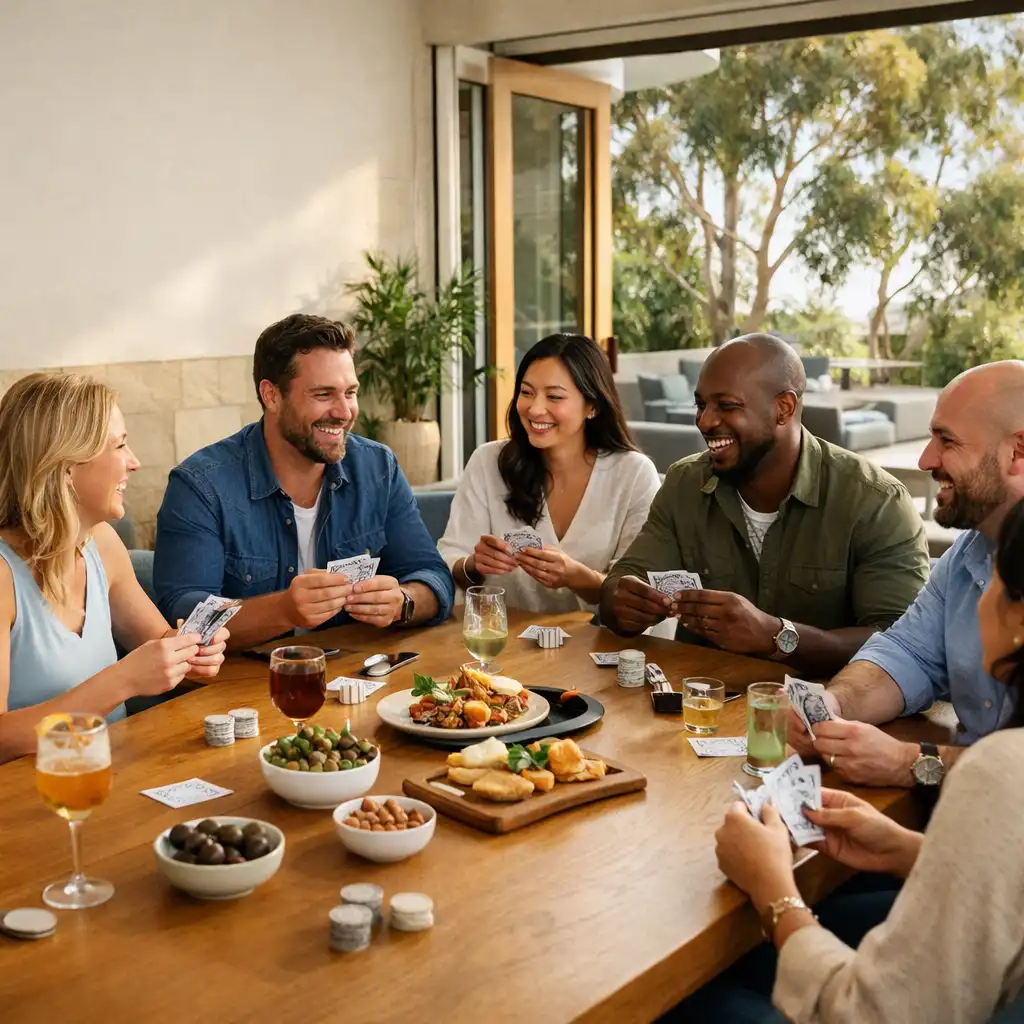 Adults around a long table with cards, neutral chips, shared food and cocktails in a Sydney venue.