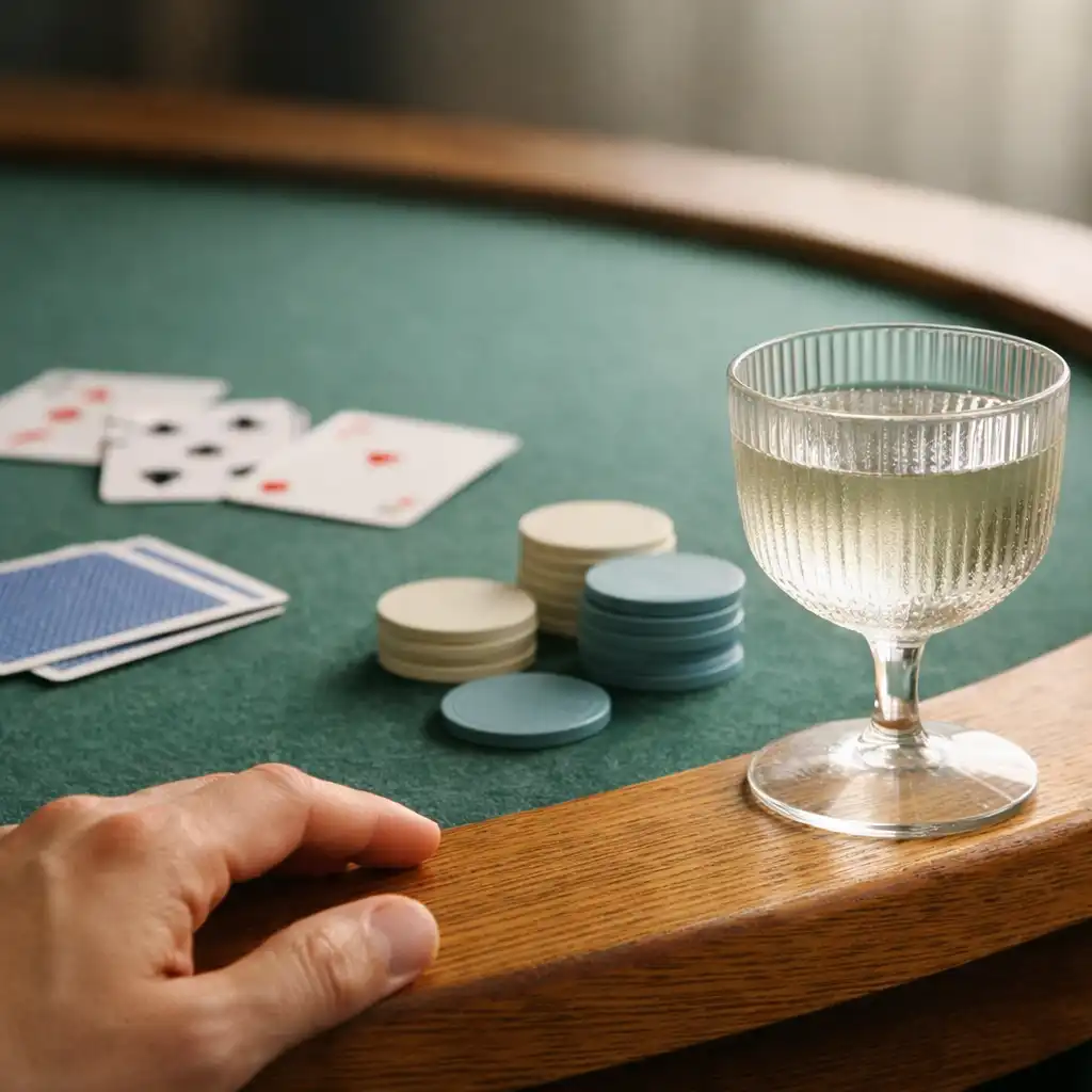 Close view of green felt, real playing cards, plain neutral chips, oak table edge and cocktail glass