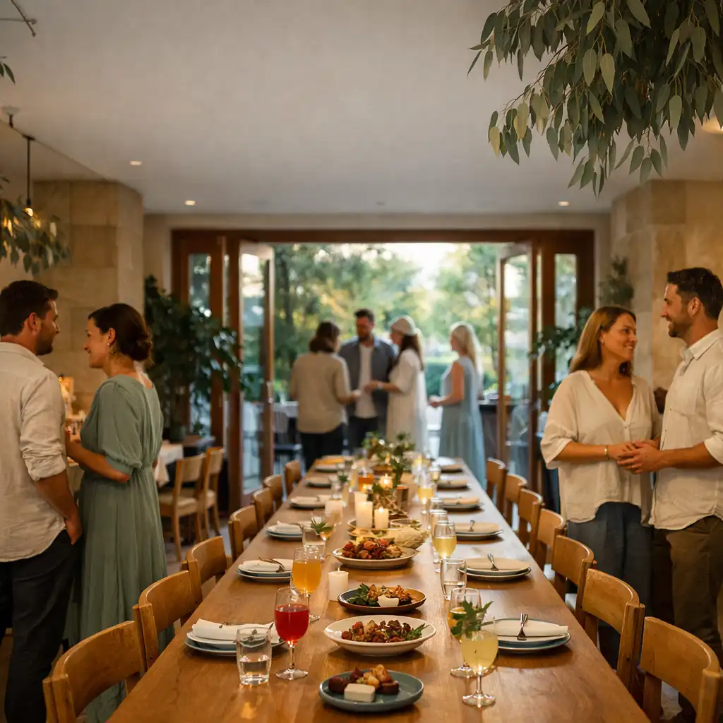 Guests arriving beside a long shared table in a daylight-filled Sydney restaurant.