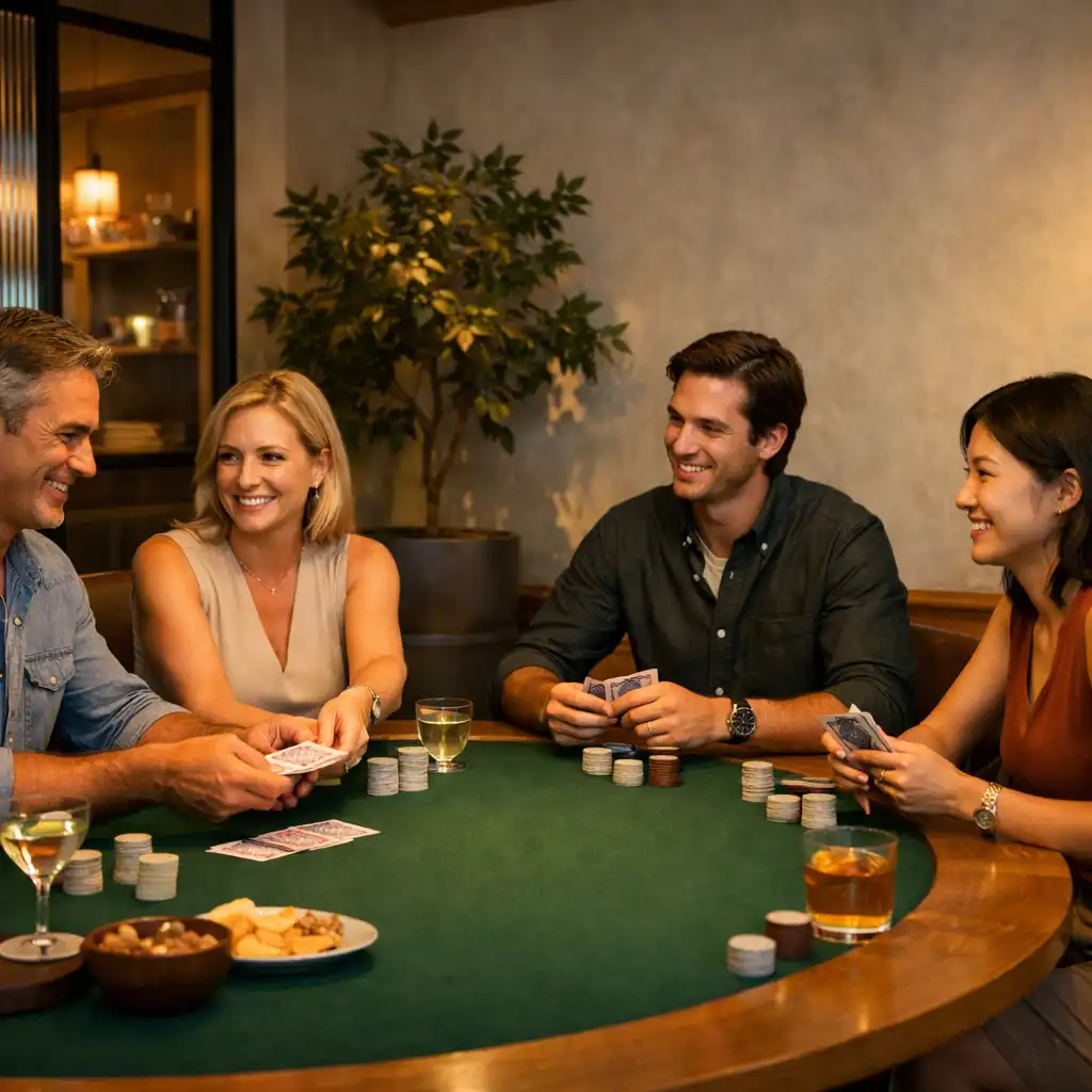 Guests talking around a green felt physical poker table in the Card Lounge.