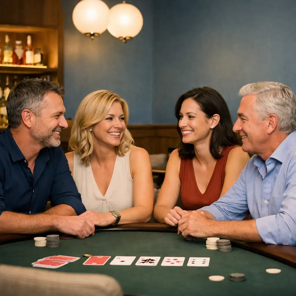 Four guests seated around a refined physical poker table in the Card Room.