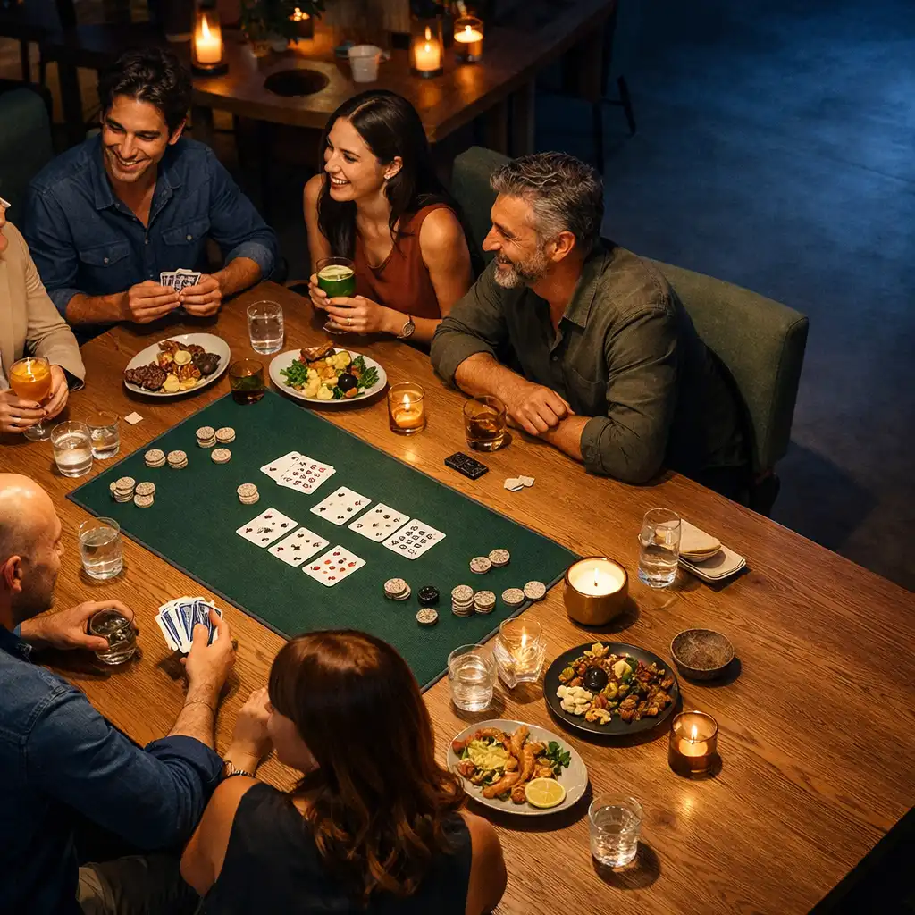 Friends lingering around a long oak table with cocktails, shared plates and physical playing cards.