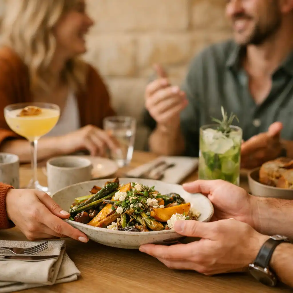Friends sharing plates and cocktails across a light oak restaurant table.