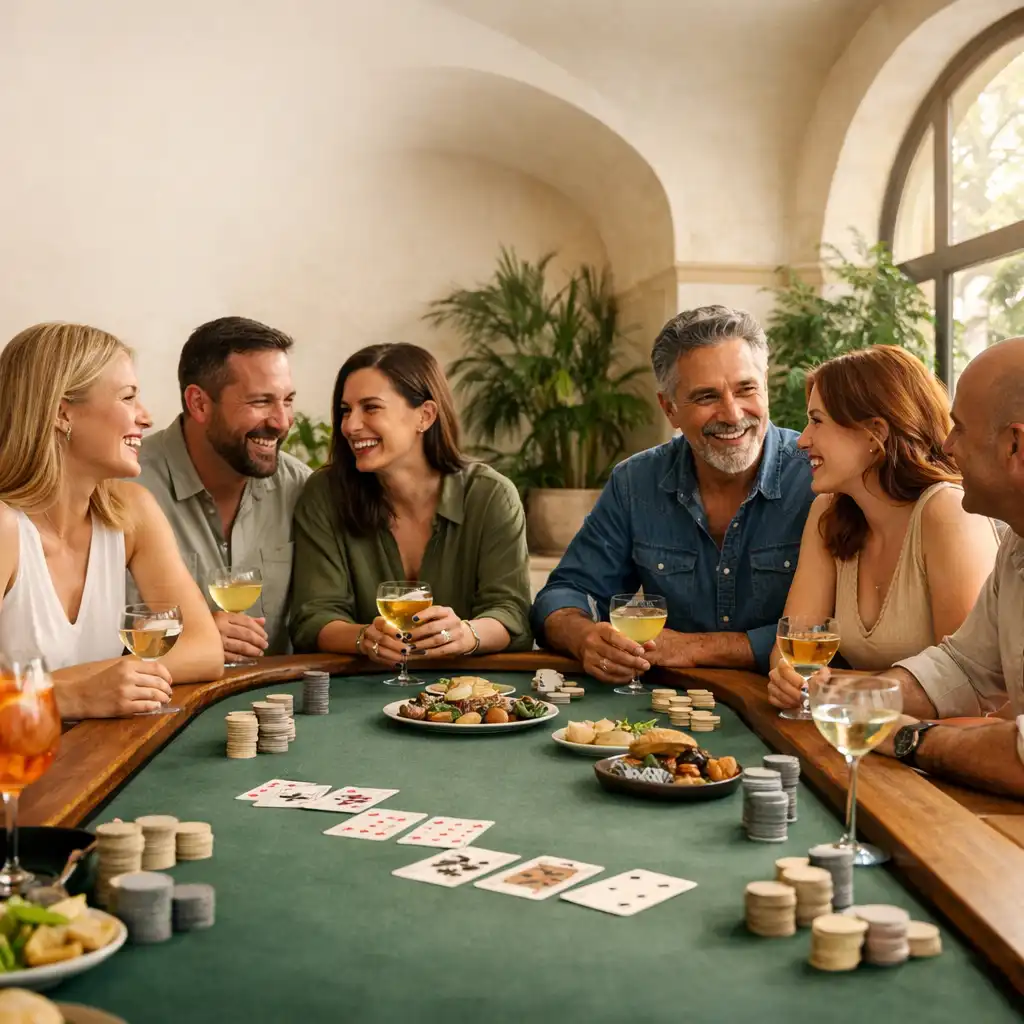 Friends talking around an oak-edged physical poker table with cards, shared plates and drinks in daylight