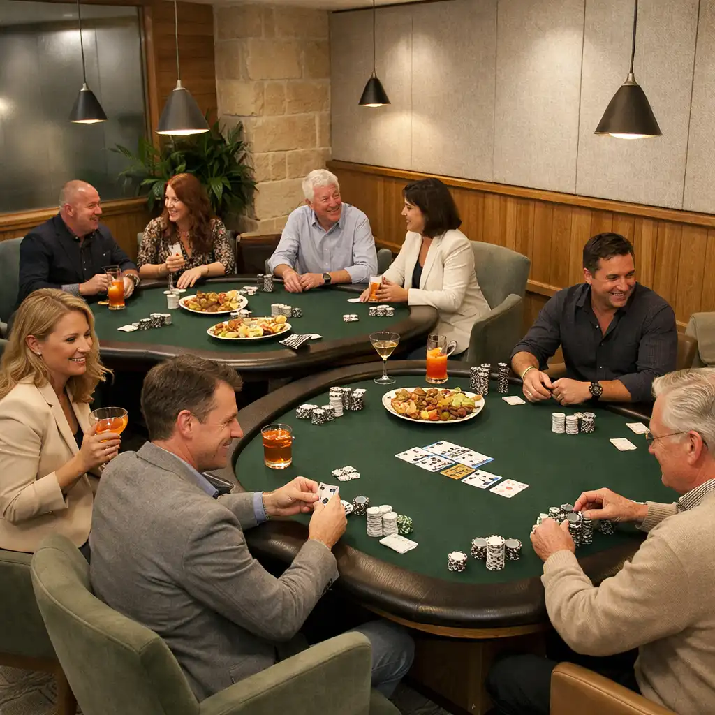 Private group gathered around adjoining physical poker tables in WillowAndLuck’s Card Room