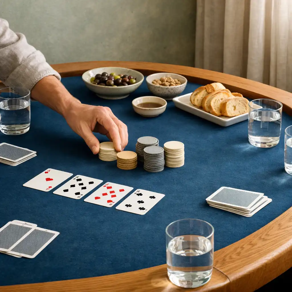 Prepared private poker table with ocean-blue felt, real cards, neutral chips and ceramic dishes