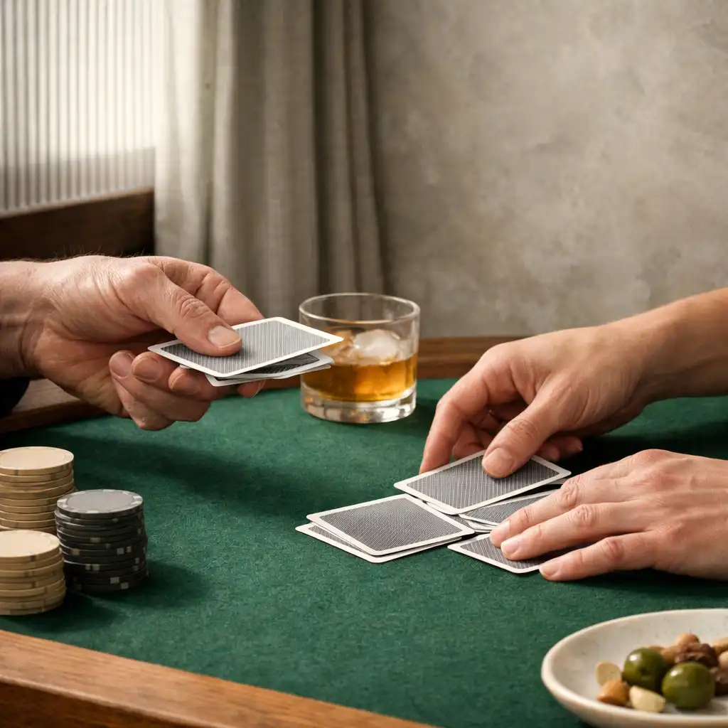 Hands arranging physical cards on a green felt table beside a drink and shared plate.