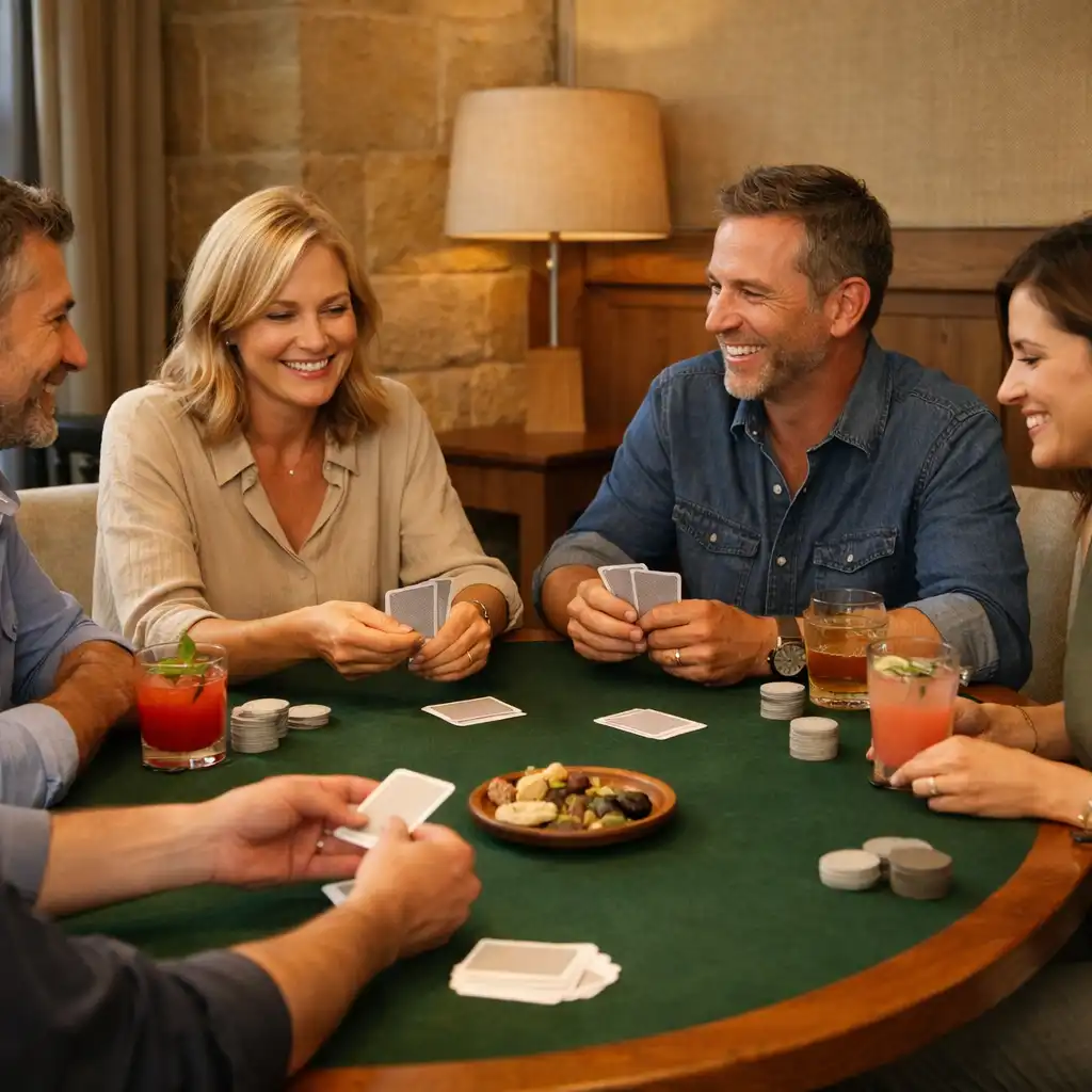 Friends around a green felt poker table with real cards, neutral chips and drinks