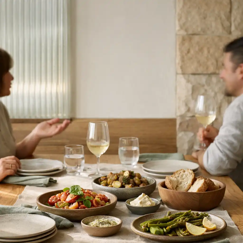 Natural linen, ceramic plates and a timber table in the Main Dining Room