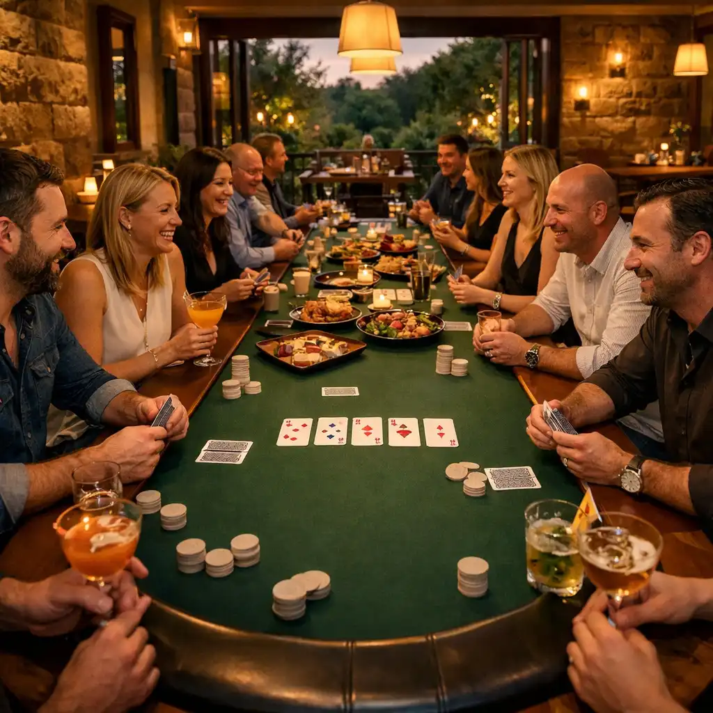 Friends gathered along a long table with shared plates, cocktails, real cards and neutral table accessories
