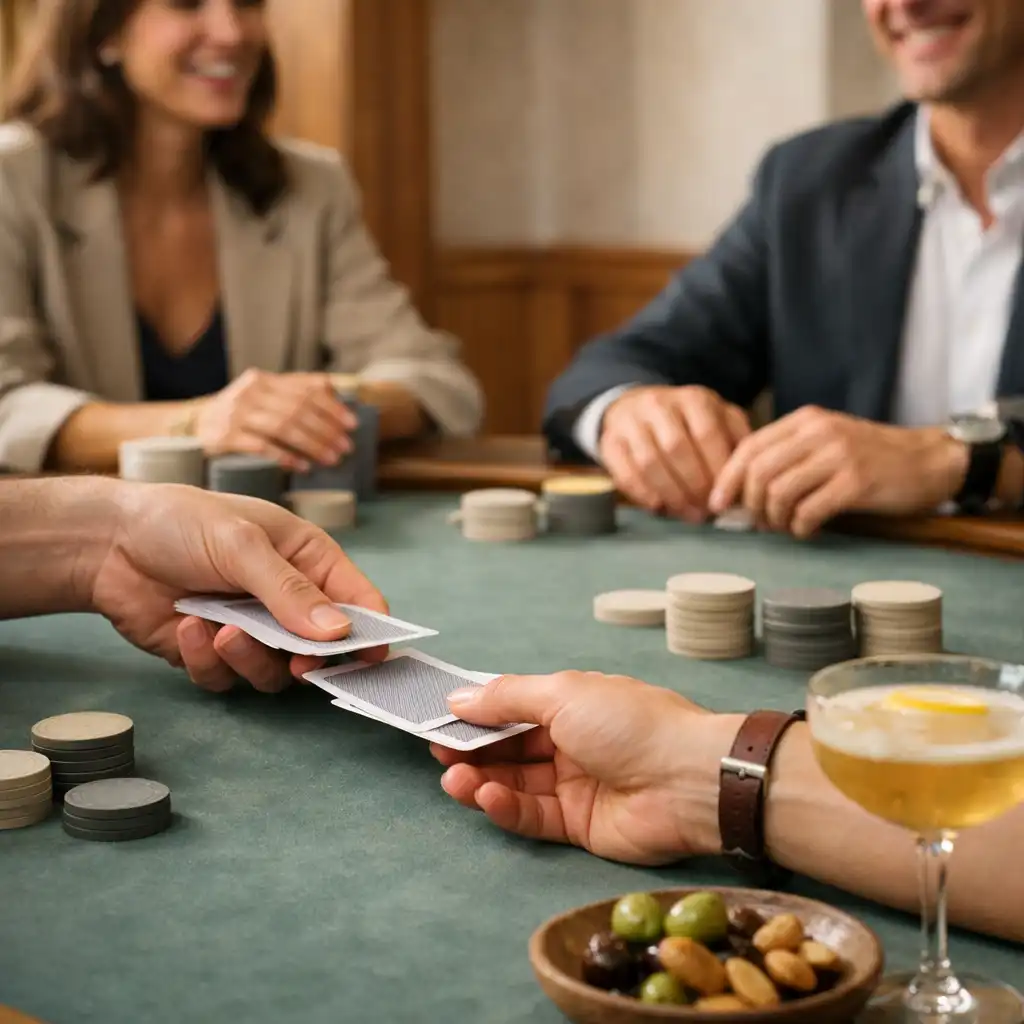 Hands dealing real cards across a felt table with a cocktail, shared plate and neutral chips nearby.