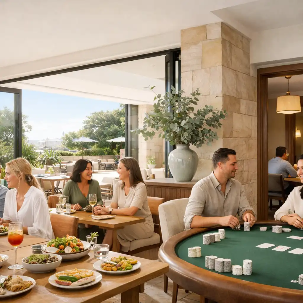 Sunlit WillowAndLuck restaurant opening onto a terrace, with dining tables and guests gathered near physical card tables.