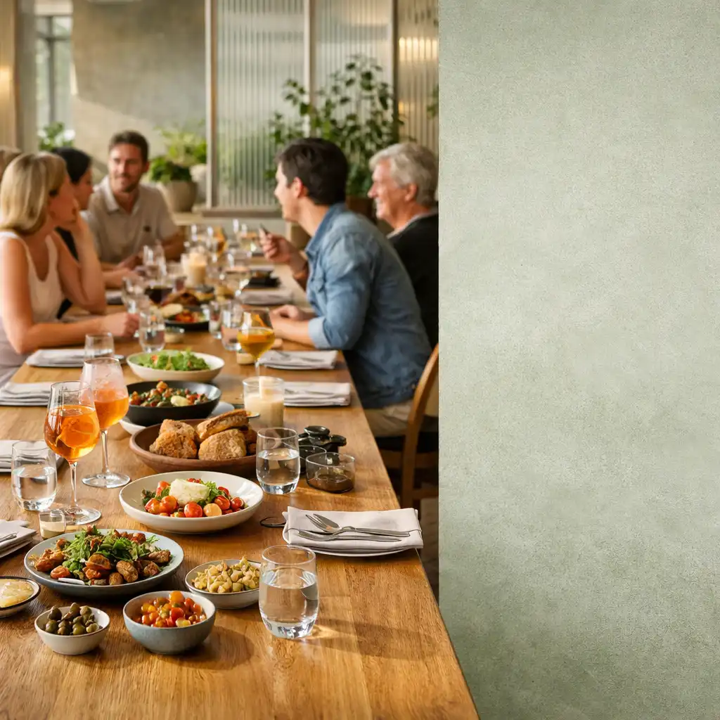 Guests dining along a sunlit Tasmanian oak long table with shared plates and drinks.